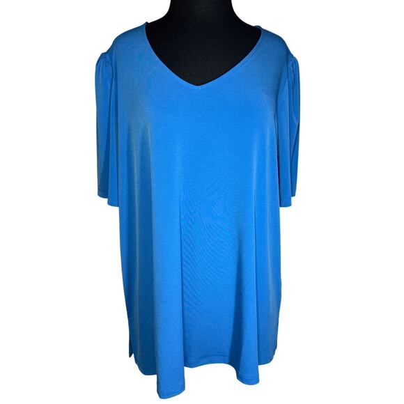 Susan Graver Liquid Knit Short Sleeve Blouse Top Solid Blue Sz 2X Casual Office - Picture 1 of 11
